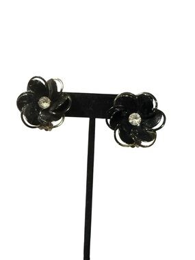 Vintage Kramer of New York Black Lucite Flower Clip-On Earrings Rhinestone